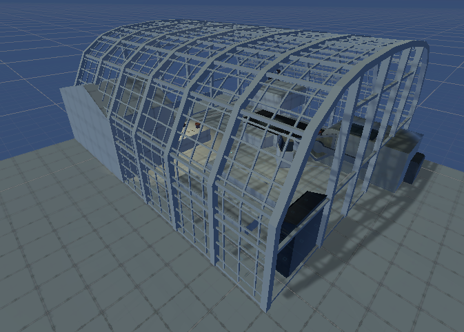 Exterior of a greenhouse with dense framework.